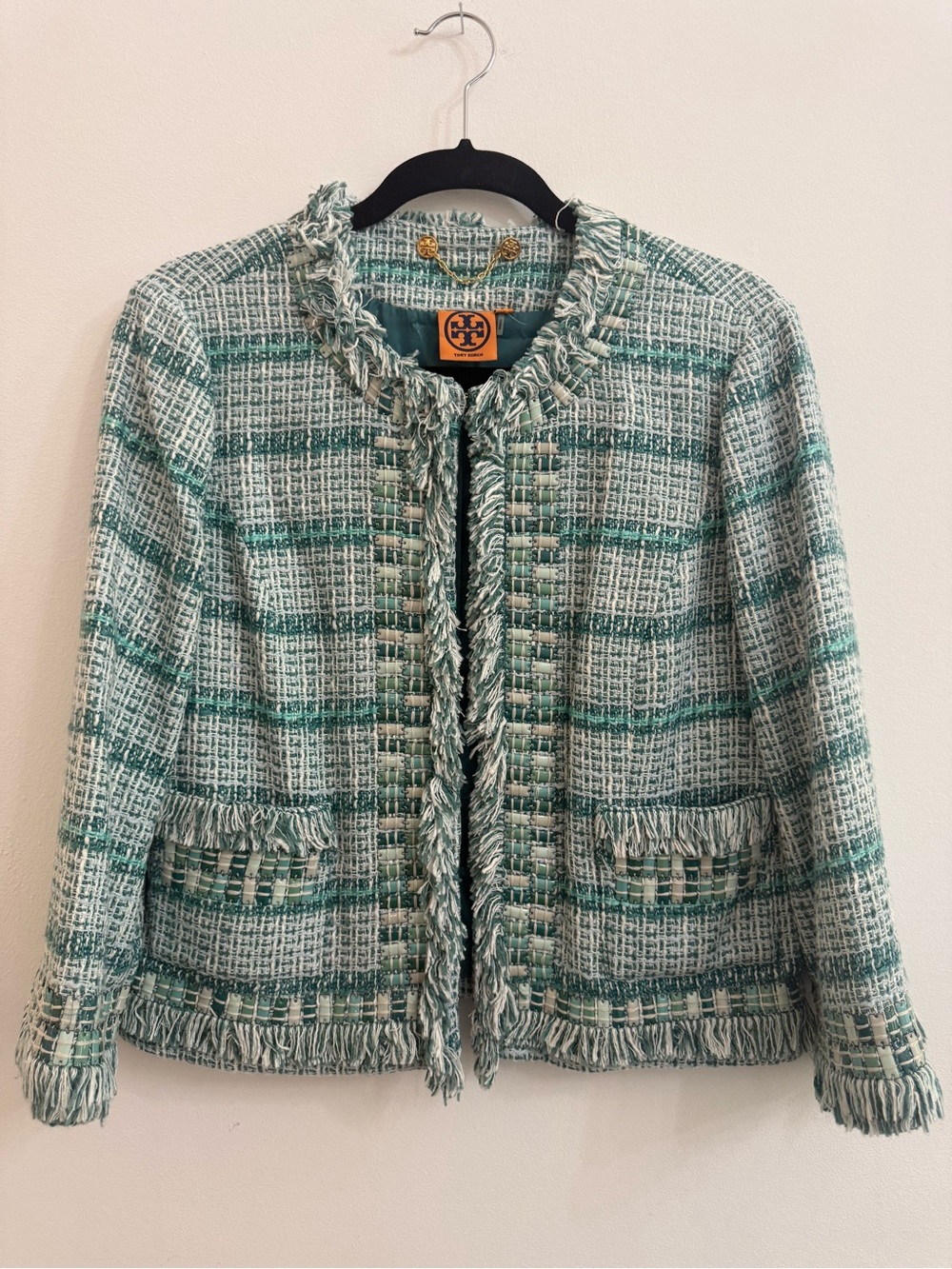 Tory Burch Tweed Jacket / Blazer Teal with embellishment US 10